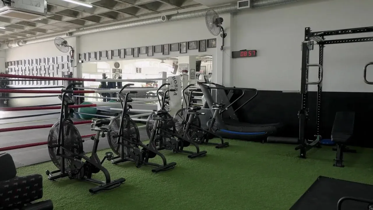 Air bikes and racks on the strength and conditioning floor